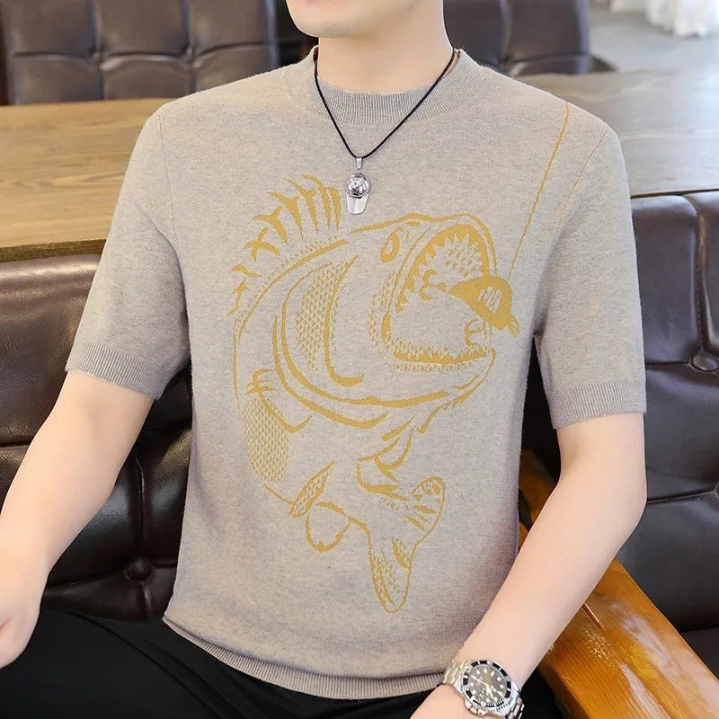 Herren T-Shirt aus leichtem Jacquard mit kurzem Arm im Retro-Stil