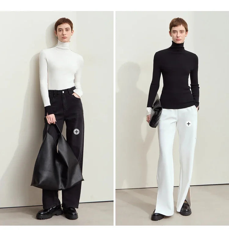 Damen-Rollkragenpullover Farbkontrast Slim Fit Langarm Frühling