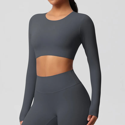 Sporttop für Damen, langarm, rundhalsausschnitt, dunkelgrau, figurbetont