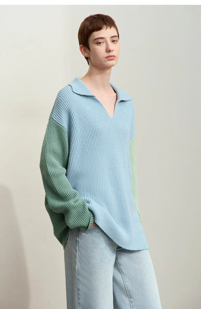 Damen V-Ausschnitt Pullover Patchwork Raglan locker Herbst-Winter
