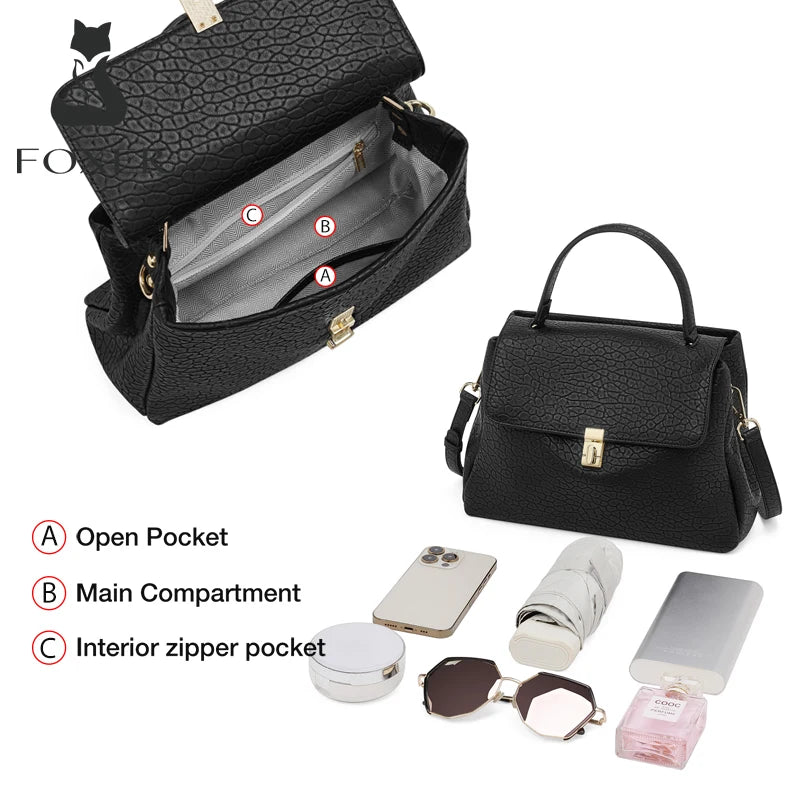 Damen-Schultertasche aus Spaltleder mit Lychee-Muster und Klappen-Verschluss in Weiß oder Schwarz