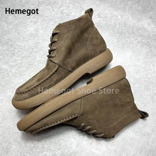 Cowhide Thick Soled Leather Shoes Men's Casual Mid-Top Lace-Up Ankle Boots Men's Shoes Autumn and Winter British Style Men Shoes