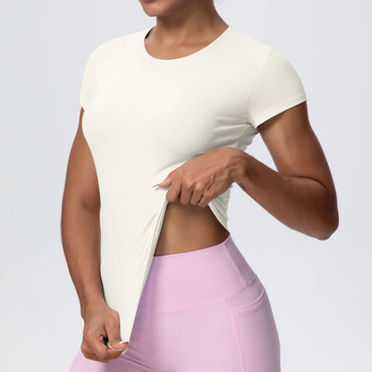 Damen-Yoga-Shirt, kurzarm, cremefarben, Rundhalsausschnitt, figurbetont