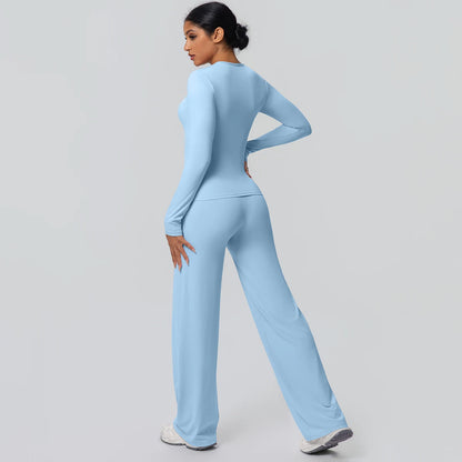 Damen-Yoga-Set mit Langarm-Top und weiten Leggings, hellblau