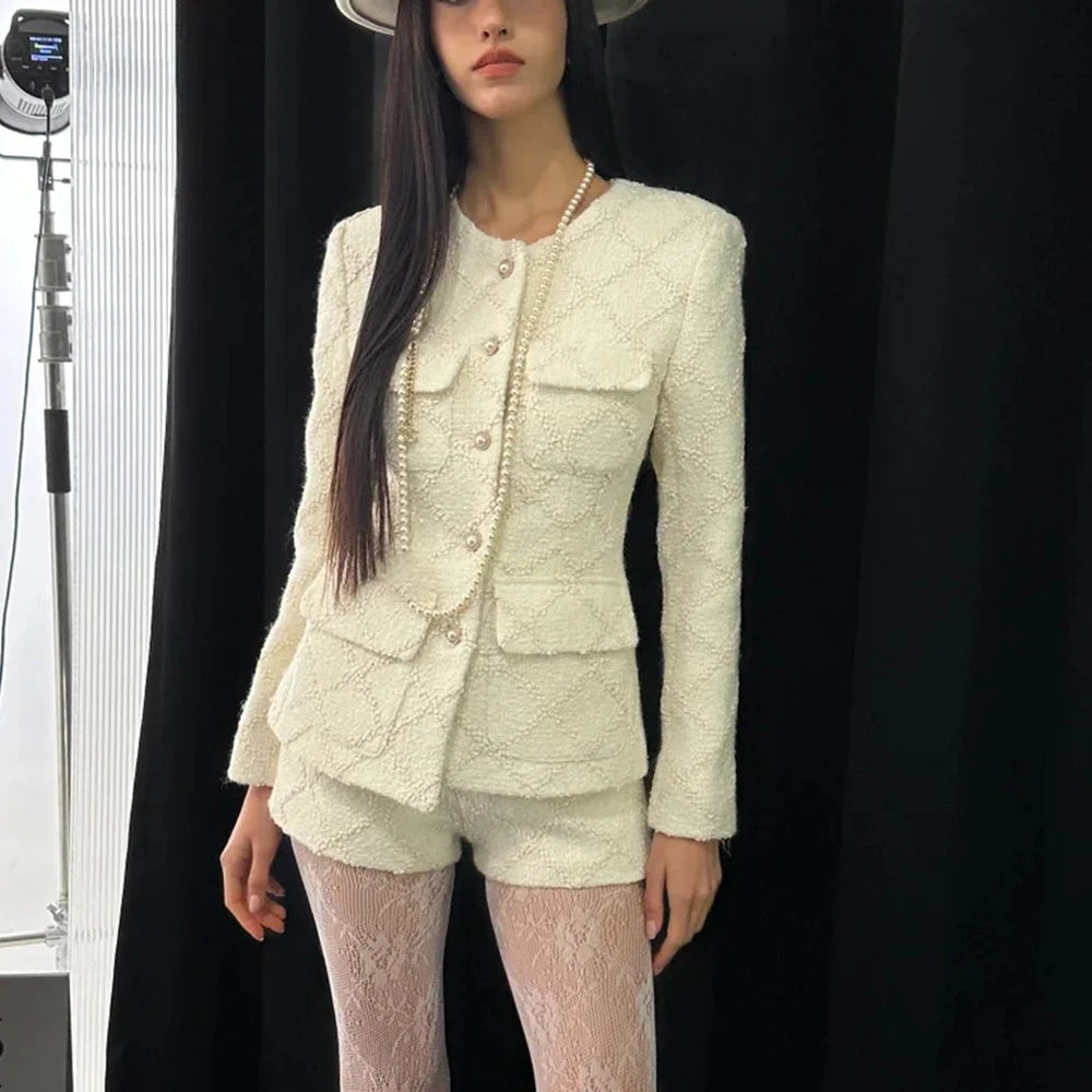 Damen-Blazer mit Rüschen und Patchwork-Design, langärmelig und mit Reverskragen – ideal für den Alltag