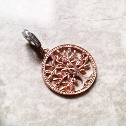 Schmuckanhänger Baum des Lebens, roséfarbenes Metall, lila Steinbesatz, rundes Design