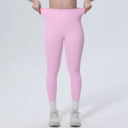 Rosa Yoga-Leggings, Blick auf den Bund und das Gesäß, eng