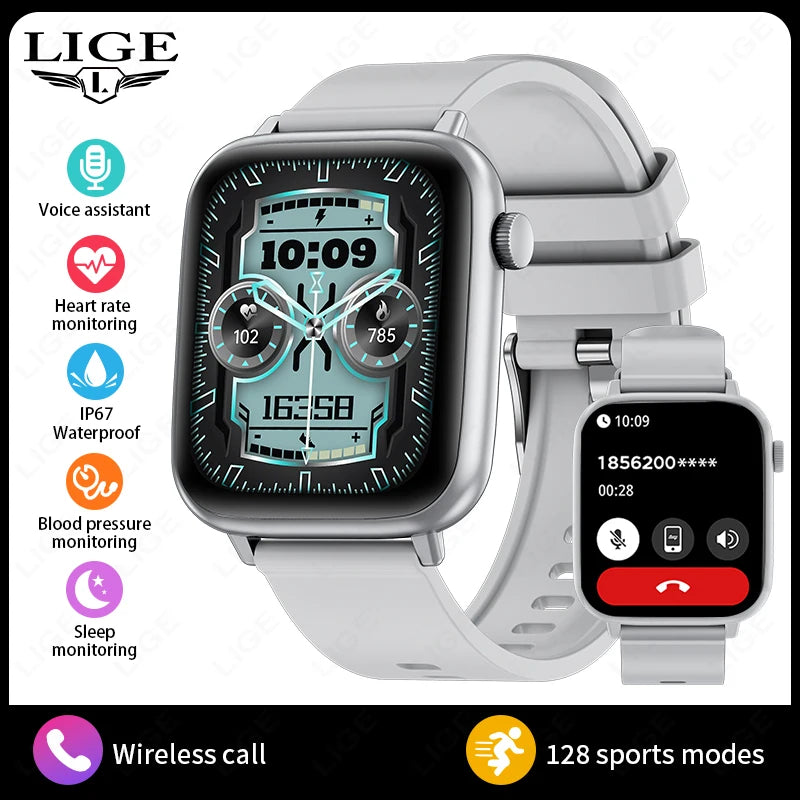 LIGE 2024 Männer Frauen Smart Uhr 1,83 Zoll Bluetooth Sprachanrufe Armband Informationen Warnungen Fitness Smartwatch Für IOS Android