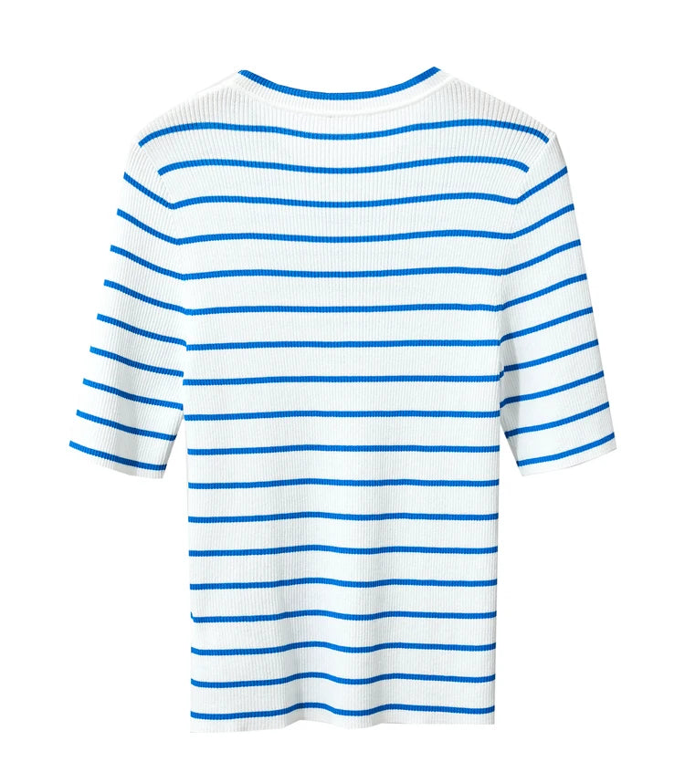 Damen gestreiftes Hemd mit Rundhals und schöner Stickerei für den Sommer