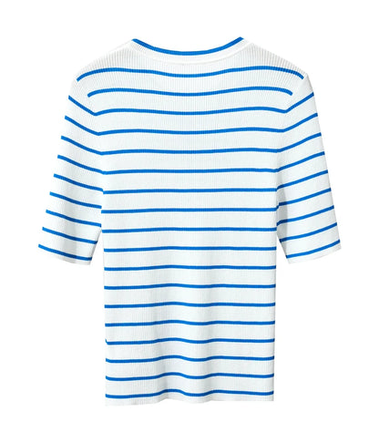 Damen gestreiftes Hemd mit Rundhals und schöner Stickerei für den Sommer