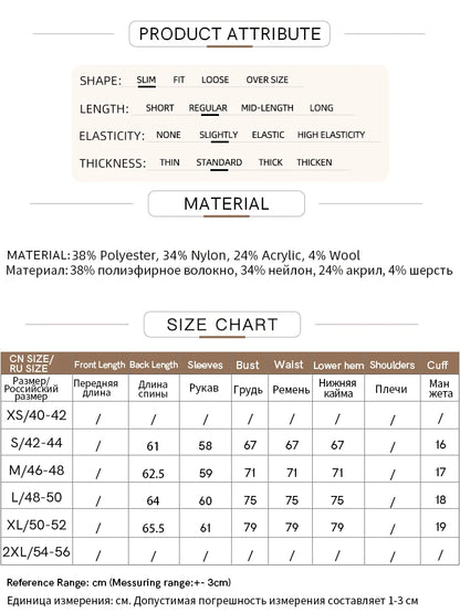 Material- und Größenangaben: Polyester, Nylon, Acryl, Wolle; Elastizität & Maße