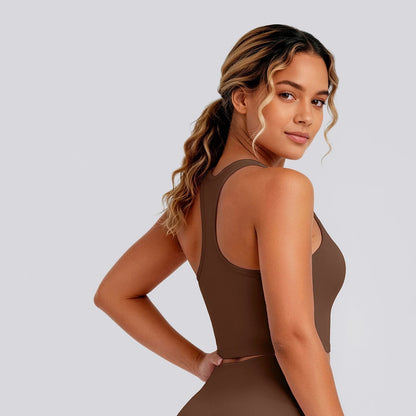 Damen-Laufweste Slim Comfort braun, gedrehte Rückansicht mit breitem Träger hinten
