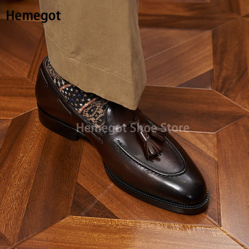 Herren-Lederschuh mit Quasten-Detail, rundem Schlupf-/Loafer-Stil