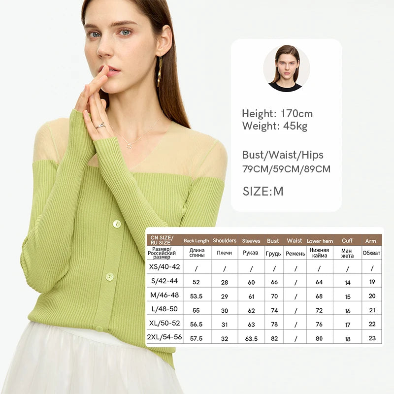 Damen V-Ausschnitt Pullover Viskose Mesh Organza Slim Frühling