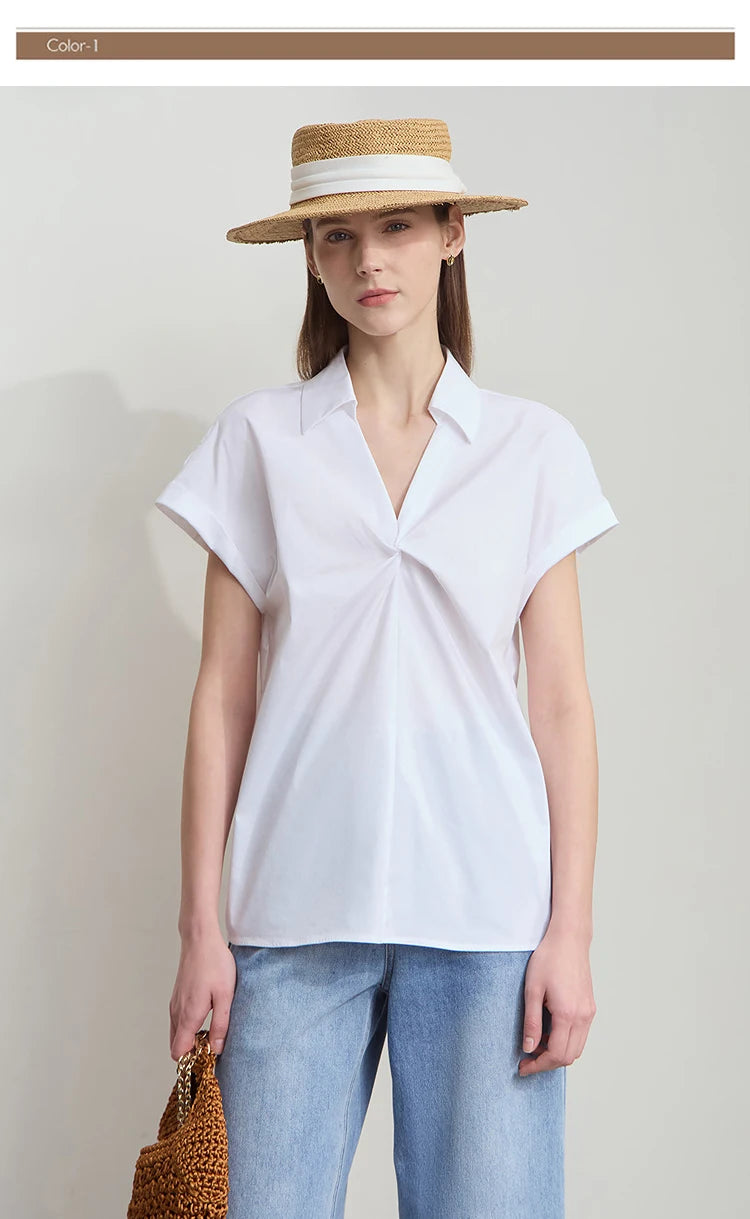 Damen Bluse im minimalistischen französischen Stil mit umlegekragen und gedrehten Falten