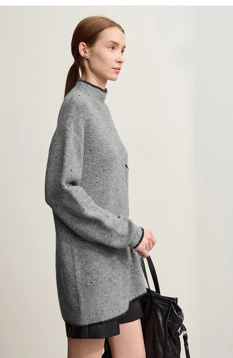 Damen-Rollkragenpullover Wolle dick locker lang Winter