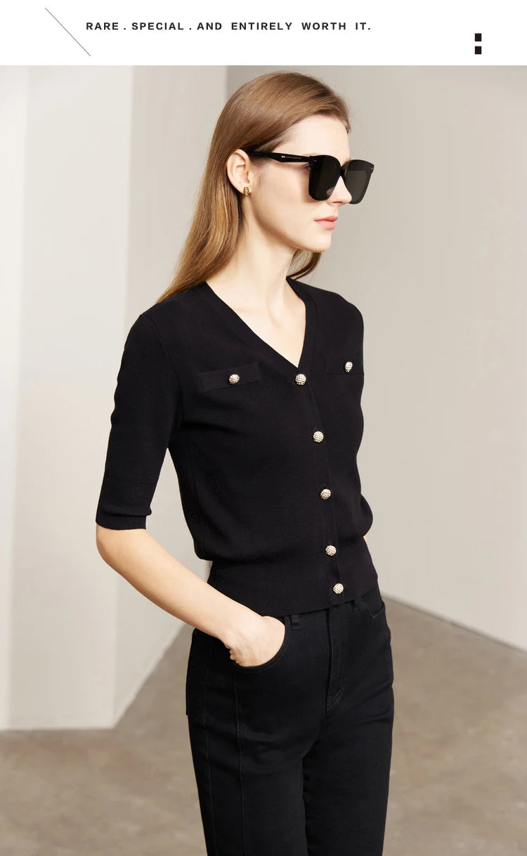 Damen-Strickjacke Baumwolle Slim Halbarm V-Ausschnitt Büro Frühling