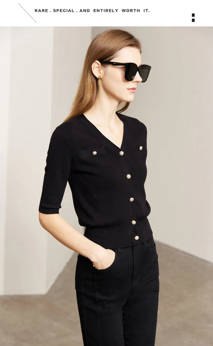 Damen-Strickjacke Baumwolle Slim Halbarm V-Ausschnitt Büro Frühling