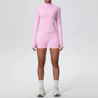 Damen-Yoga-Set mit hochtaillierter Shorts und langärmligem Zip-Top, rosé