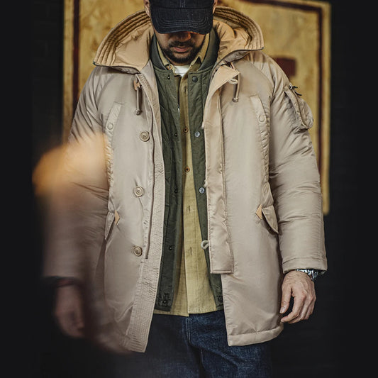 Herren Jacke Retro Pilot gefütterte Jacke mittellang Kapuze Herbst Winter Khaki