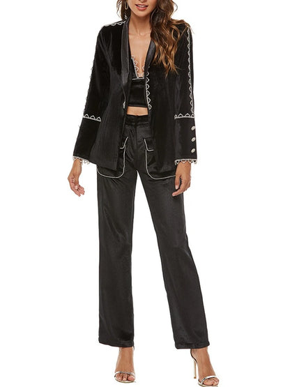 Elegantes Damen-Zweiteiler-Set mit V-Ausschnitt, langen Ärmeln und Perlenverzierung – Patchwork-Top mit Knöpfen und hoch taillierte Hose