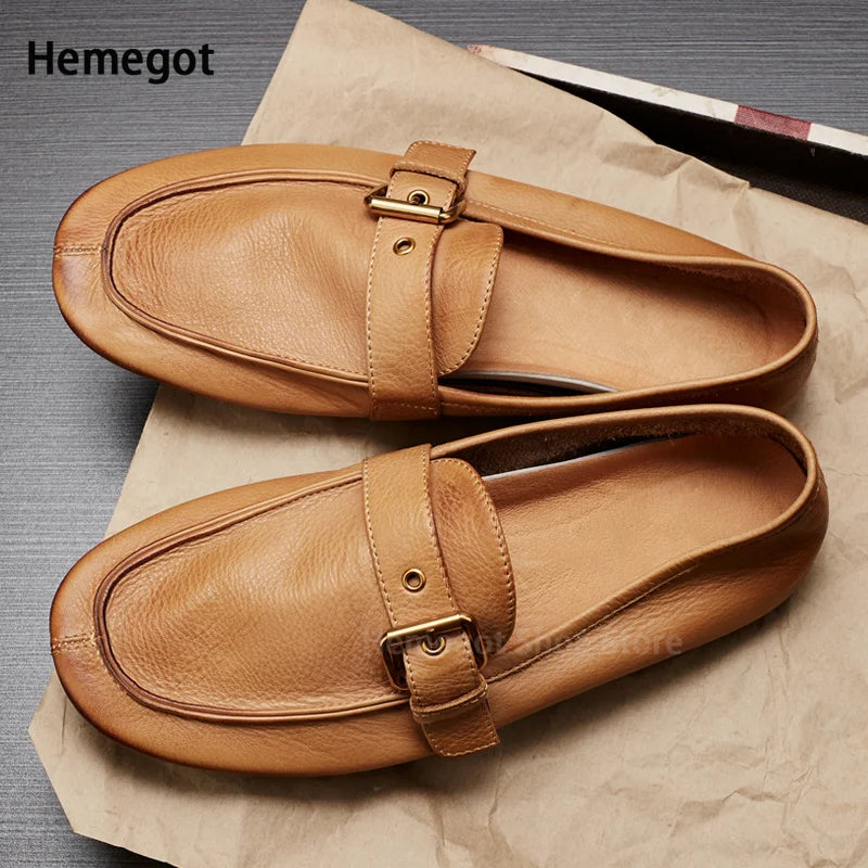 Herren-Slipper mit Schnallenriemen, hellbraunes Leder, flacher Loafer-Style