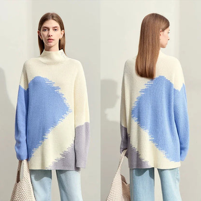 Damen-Rollkragenpullover Stickerei locker Winter Wolle-Mix
