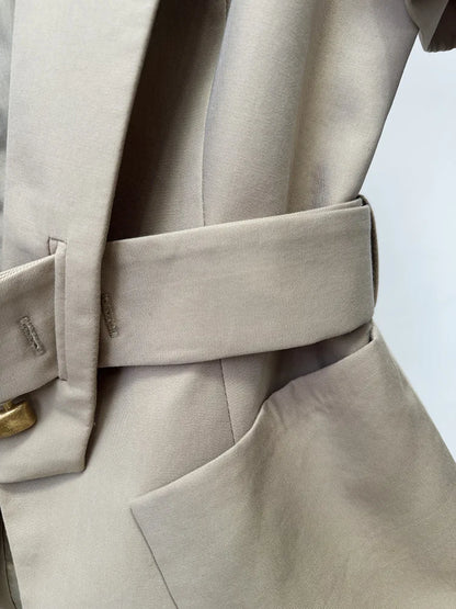 Damen-Blazer Kurzarm Gürtel lässig V-Ausschnitt Einknopf