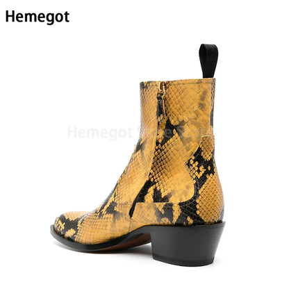 Herren-Chelsea-Boot mit Schlangenmuster, seitlichem Einstieg und Blockabsatz, gelb/schwarz