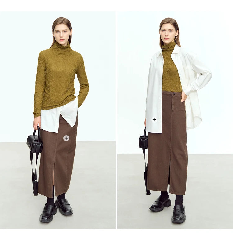Damen-Rollkragenpullover Wolle Slim einfarbig Büro Winter