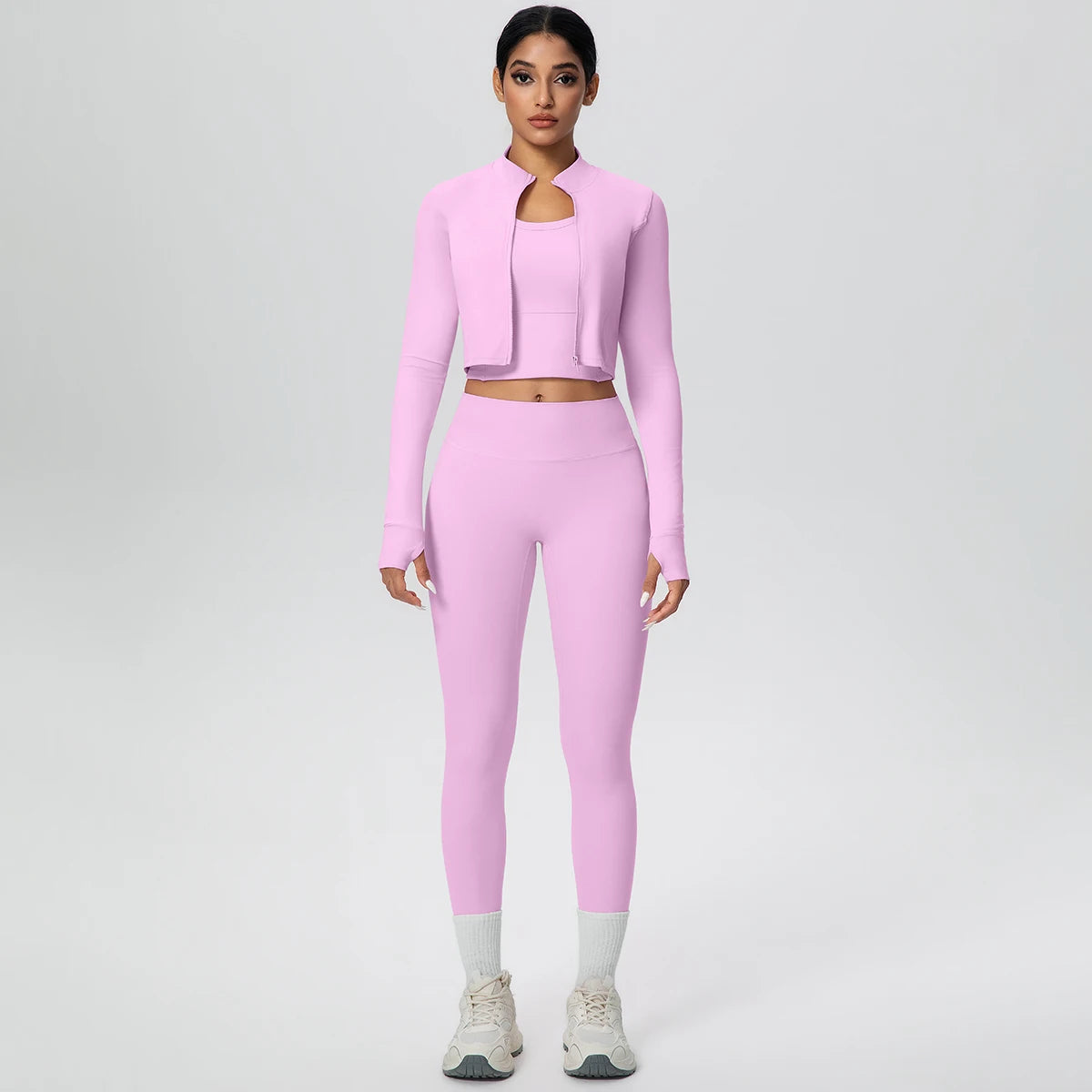 Rosa Yoga-Set mit kurzem Zip-Top und High-Waist-Leggings, Vorderansicht