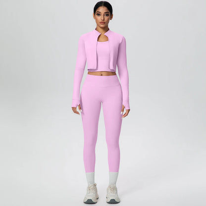 Rosa Yoga-Set mit kurzem Zip-Top und High-Waist-Leggings, Vorderansicht