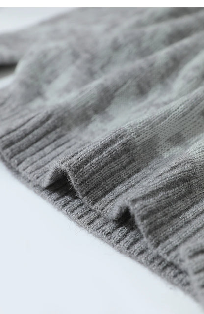 Damenpullover Ärmelbündchen und Saum, grauer Strick mit geripptem Rand