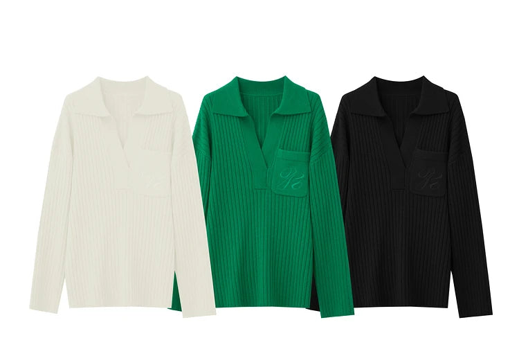 AMII Damenpullover im Set: weißer, grüner und schwarzer Reverskragen-Pullover