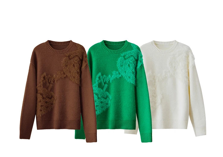 Damenpullover mit Felloptik und Rundhalsausschnitt, Strick mit aufgesetztem Muster