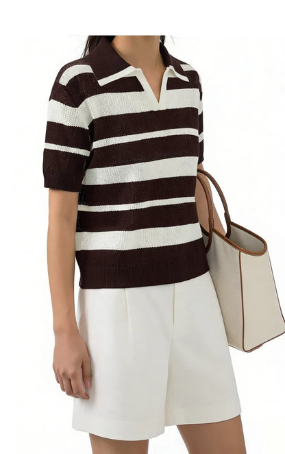 Gestreifter Damen-Strickpullover mit Polokragen, kurzarm, braun-weiß