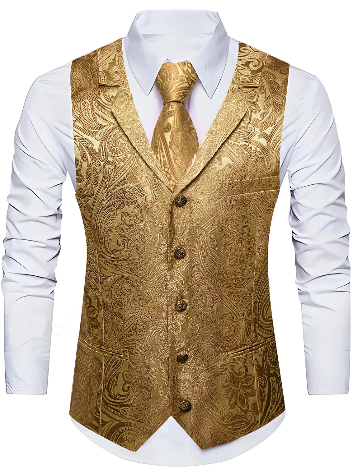 Herrenweste-Set mit Krawatte, goldene Paisley-Jacquardweste mit goldenen Knöpfen