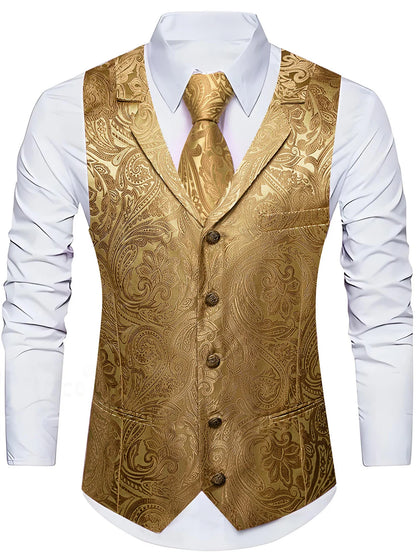 Herrenweste-Set mit Krawatte, goldene Paisley-Jacquardweste mit goldenen Knöpfen