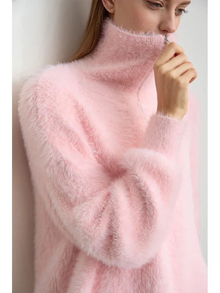 Damen-Rollkragenpullover Nerz-Imitat Reißverschluss locker dick Winter