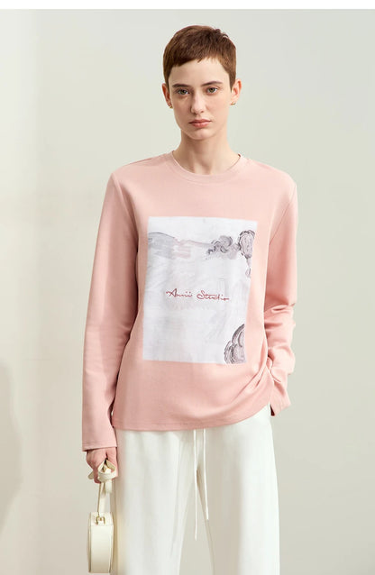 Damen T-Shirt im Minimalismus-Stil mit Kunstdruck und Stickerei für den Herbst