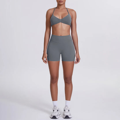 Damen-Yoga-Set: nahtloser Sport-BH und High-Waist-Shorts in Blau-Grau