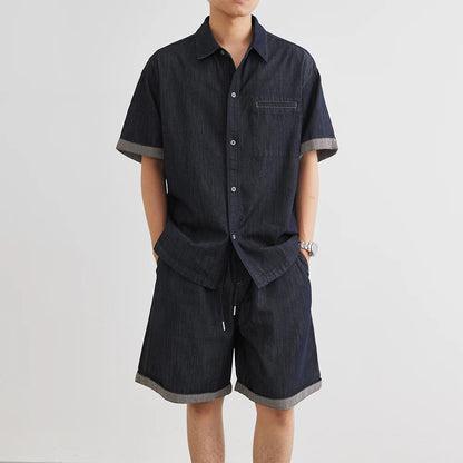 Männer Denim Anzug mit Revers Kurzarm Shirt und Shorts im Casual-Stil