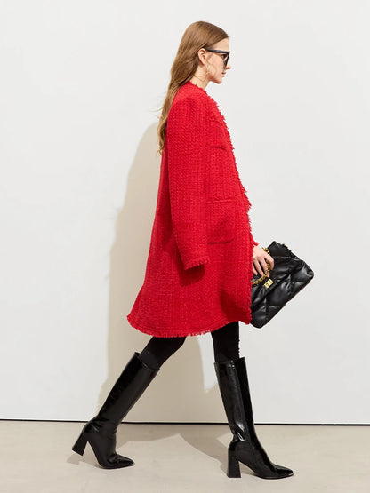 Damen Winter Mantel aus Tweed mit losem Schnitt und Rundhalsausschnitt