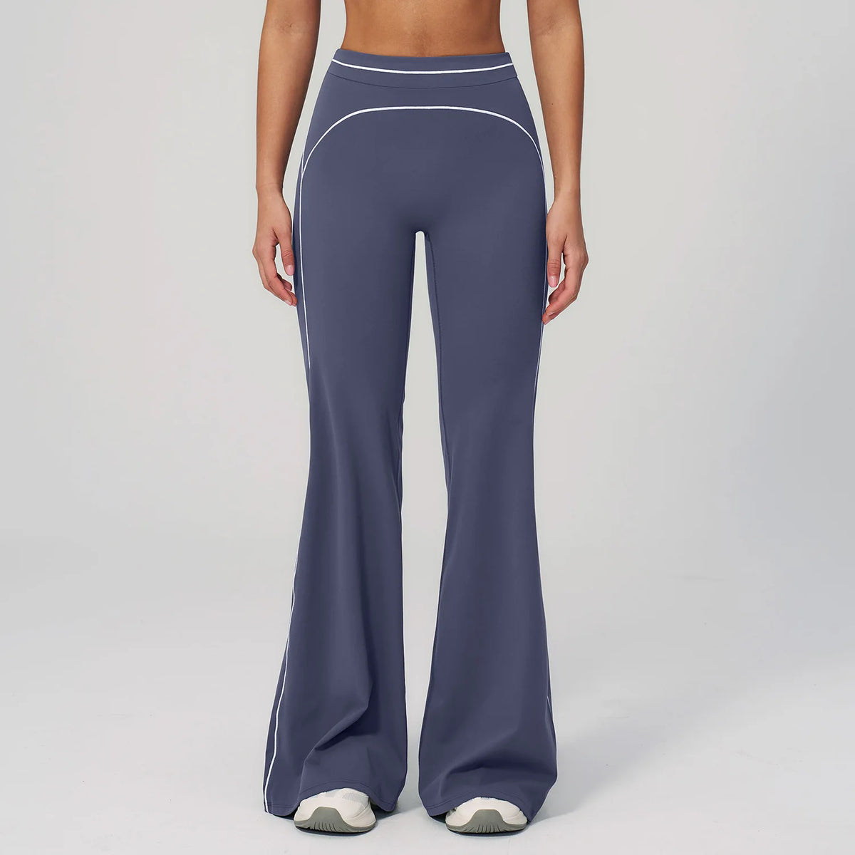 Damen Yoga-Hose mit hoher Taille, weitem Bein, dunkelblau mit hellen Kontrastnähten