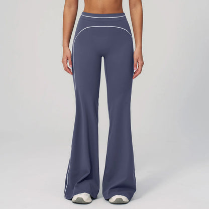 Damen Yoga-Hose mit hoher Taille, weitem Bein, dunkelblau mit hellen Kontrastnähten