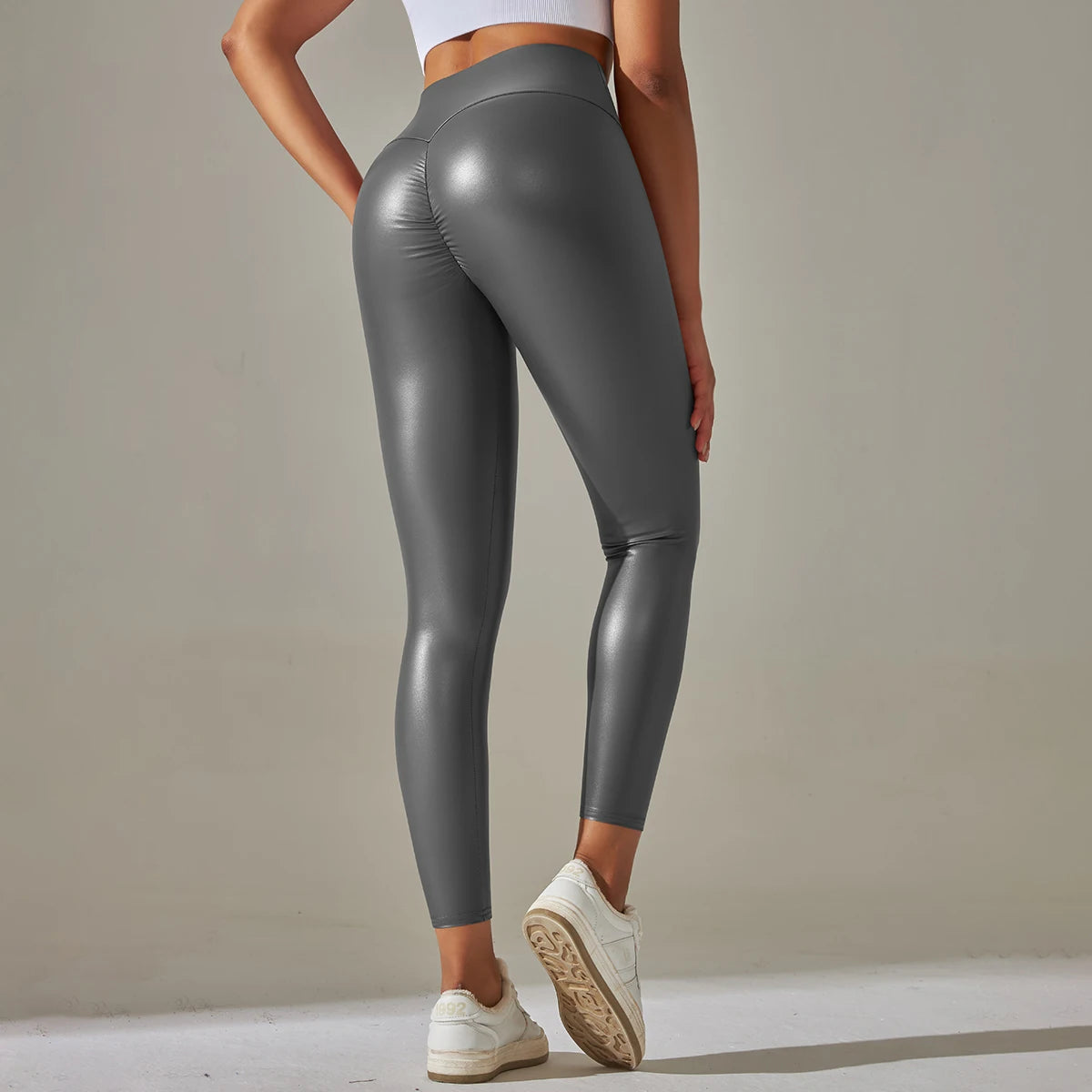 Graue PU-Leggings mit hohem Bund, figurbetont, glänzende Wet-Look-Optik