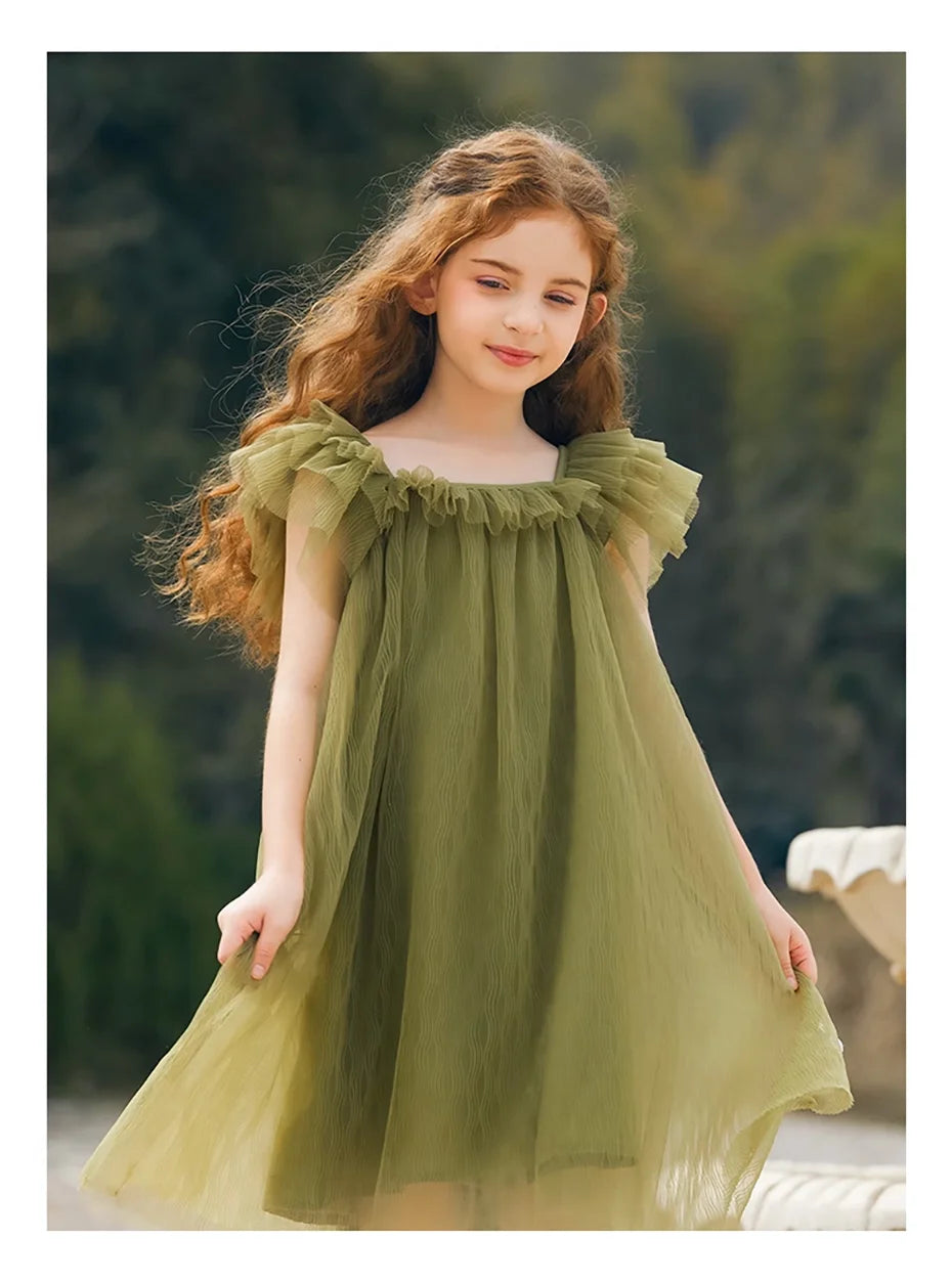 Beiges Sommerkleid für Mädchen im französischen Prinzessinnenstil mit kurzen Ärmeln – ideal für Geburtstagsfeiern und Hochzeiten, geeignet für Kinder von 110 cm bis 170 cm