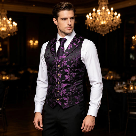 Elegante Herren-Jacquardweste in dunkler Farbe mit lila Blumenmuster, Einstecktuch und Knöpfen