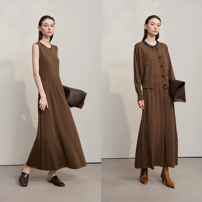 Damen-Strickjacke ärmellos lang Rundhals einfarbig elegant Herbst