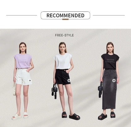 Damen T-Shirt aus Baumwolle mit lässigem O-Ausschnitt und breiten Schultern